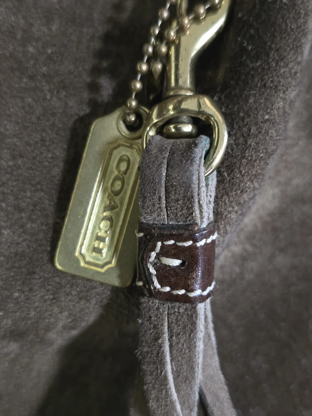 2005 Coach East West Tassel Taupe Suede Hobo Bag